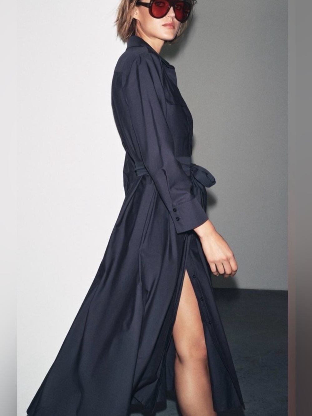 Zara Cotton Poplin Navy Shirt Dress Long Sleeves Turn-Down Collar Pockets Small - Picture 4 of 14